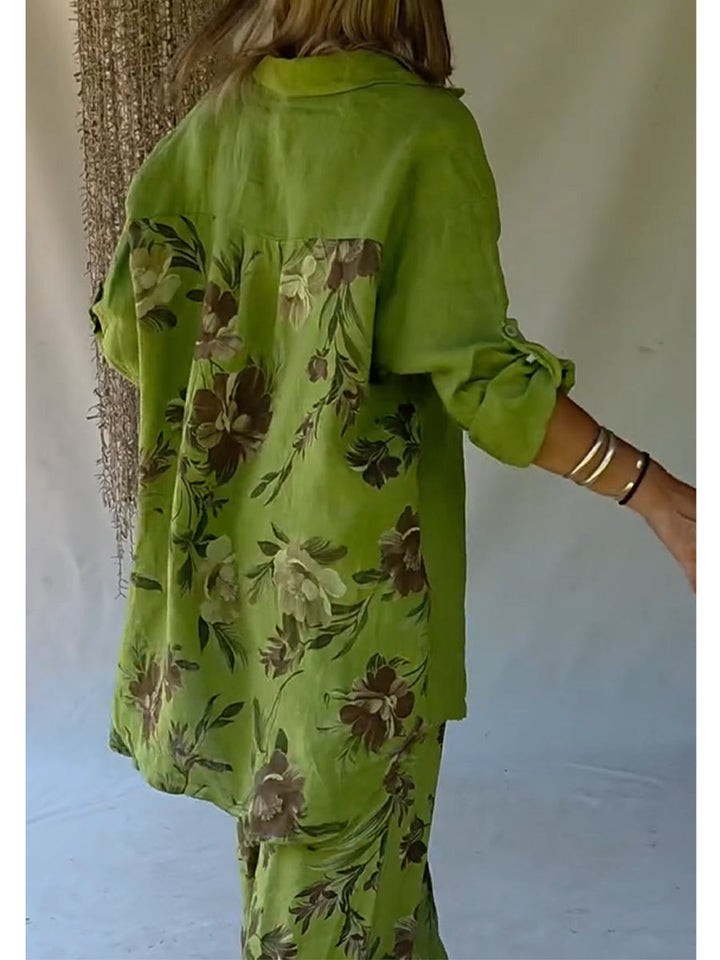 Women's Linen Two Piece Set Loose Long Sleeve Shirt Wide Leg Trousers Outfit