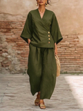 Women's Linen Two Piece V Neck Top and Wide Leg Trousers Set