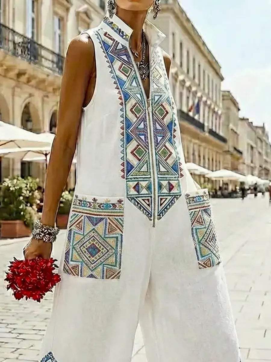 Women's Linen Embroidered Sleeveless V-Neck Wide Leg Jumpsuit