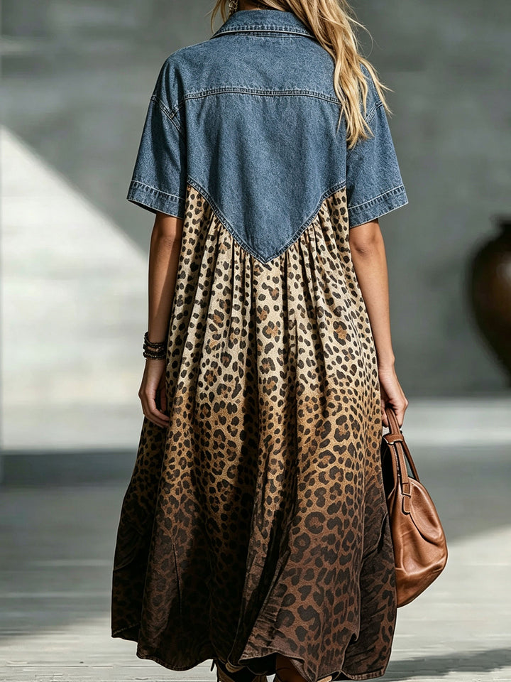 Women's Denim Leopard Printed Short Sleeve Maxi Shirt Dress