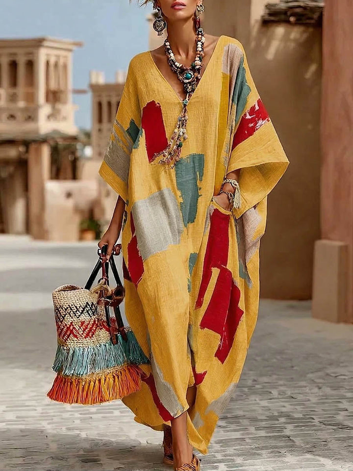 Women's Linen Kaftan V-Neck Oversized Maxi Dress