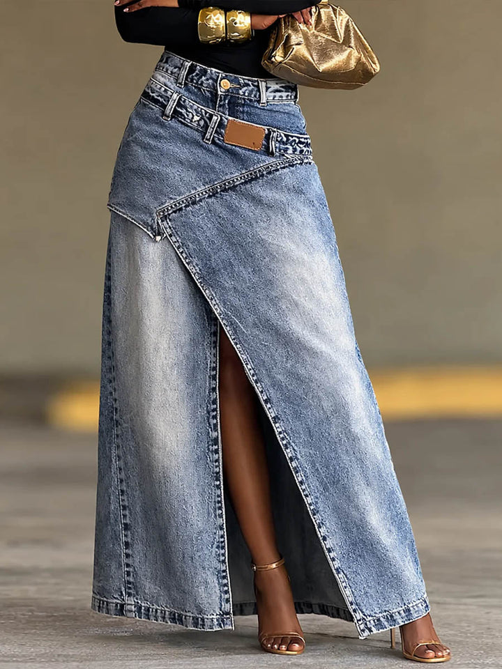 Women's Denim High Waisted Asymmetrical Slit Maxi Skirt