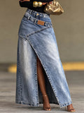 Women's Denim High Waisted Asymmetrical Slit Maxi Skirt