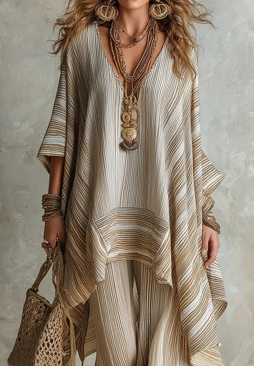 Women's Knit Poncho and Wide Leg Pants Two Piece Set