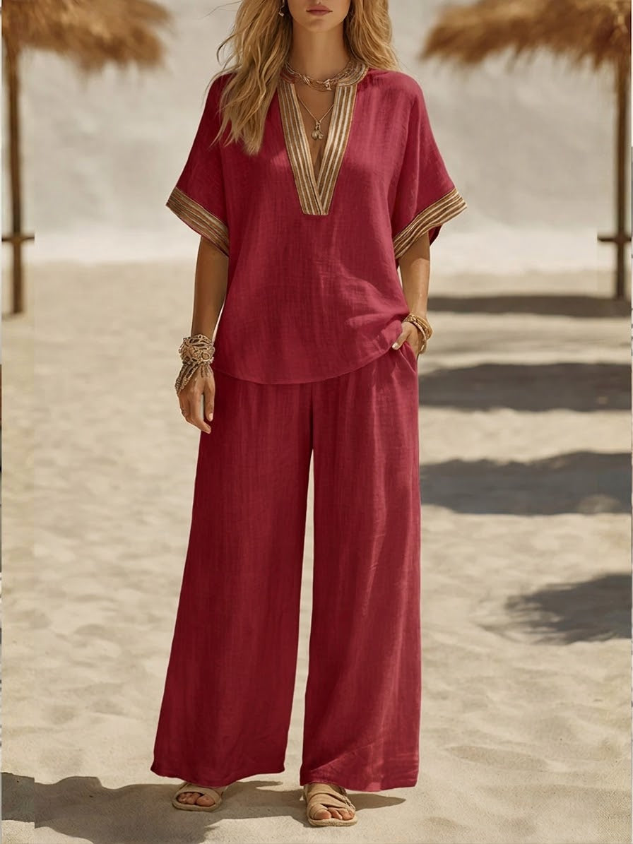 Women's Linen Two Piece Set Wide Leg Trousers and V Neck Tunic Top Outfit