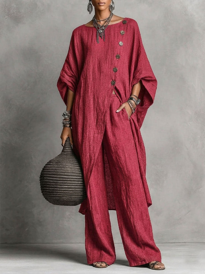 Women's Linen Two Piece Loose Tunic & Wide Leg Set
