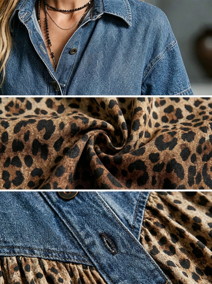 Women's Denim Leopard Printed Short Sleeve Maxi Shirt Dress