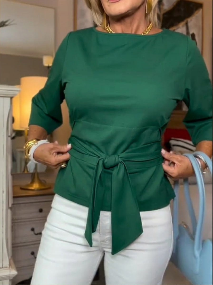 Women's Half Sleeve Tie Front Crew Neck Knit Top