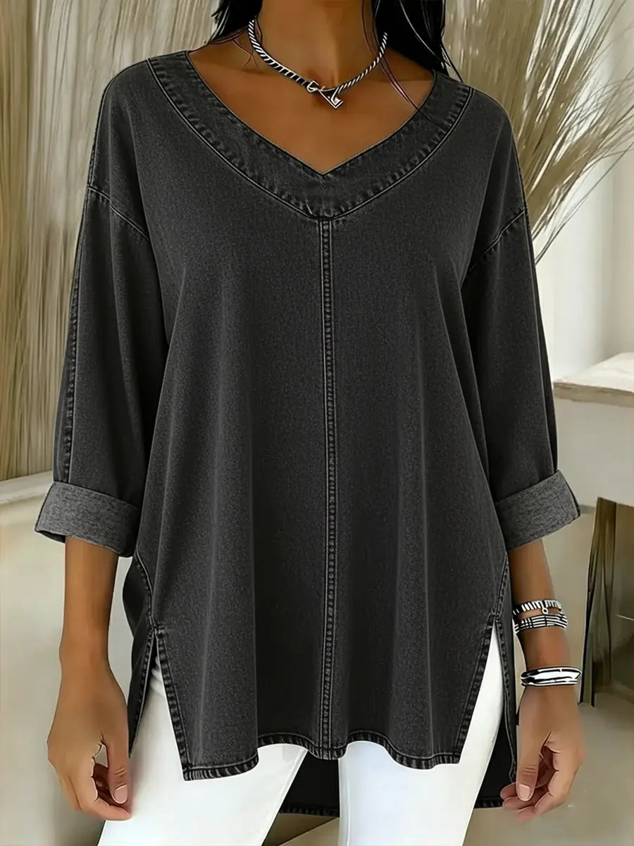 Women Denim V-Neck Tunic Blouse T-Shirt