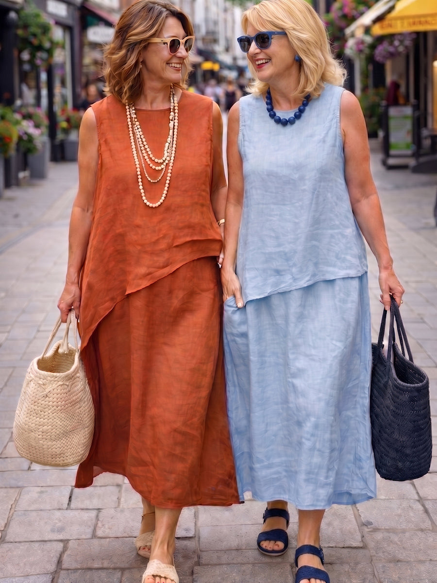 Women's Linen Maxi Dress Sleeveless Two Piece Set A-Line Sun Dress