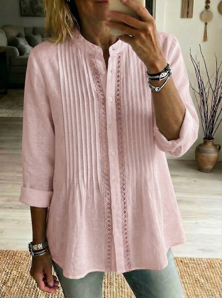 Women's Linen Blend Pleated Tunic Shirt Henley Blouse