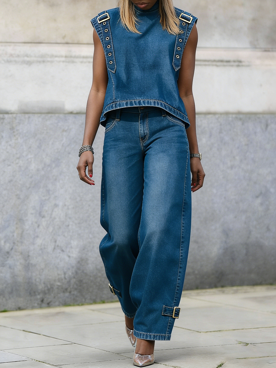 Women's Denim Wide Leg Horseshoe Jeans