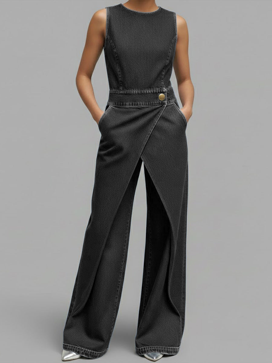 Women's Denim Wide Leg Jumpsuit Sleeveless Romper One Piece Outfit