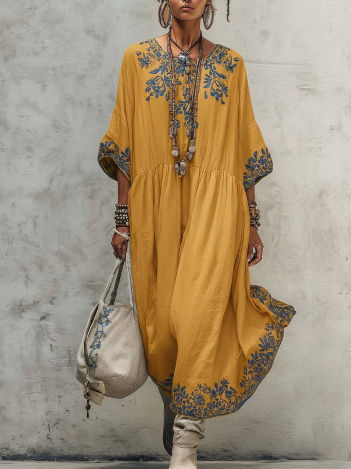 Women's Floral Linen-Blend V-Neck Boho Maxi Dress