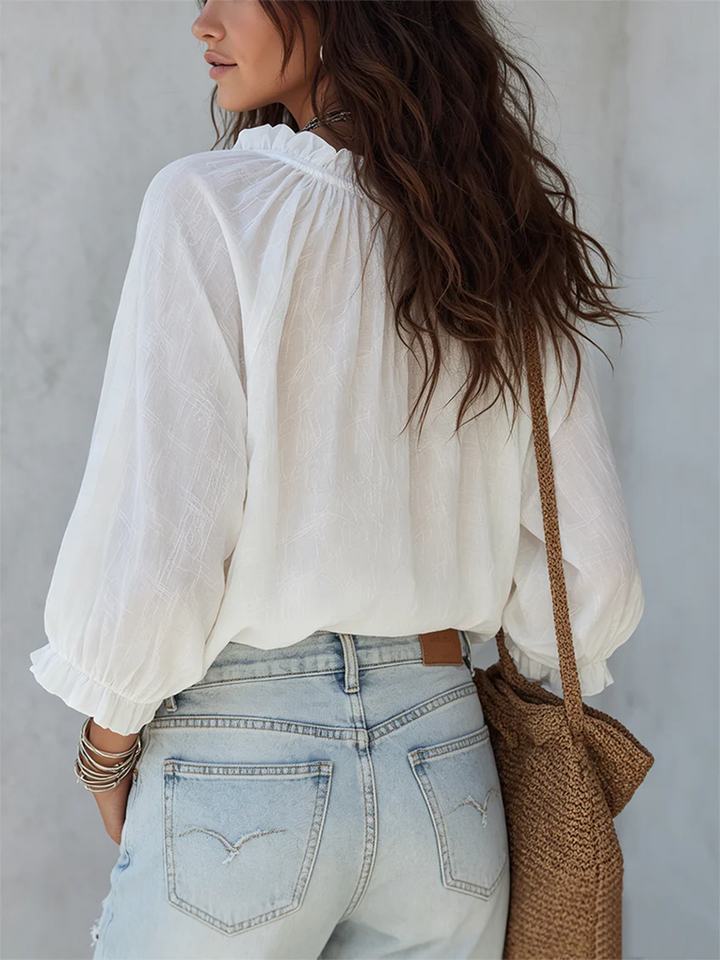 Women's Linen-Blend V-Neck Long-Sleeve Ruffle Blouse