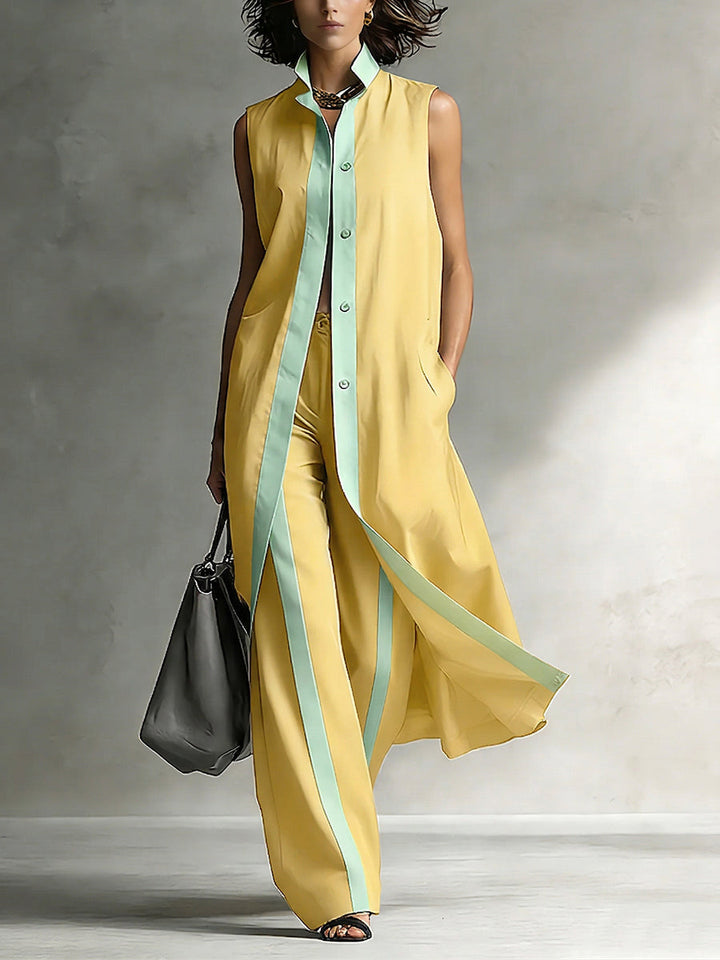 Women's Linen Sleeveless Maxi Shirt and Wide Leg Trousers Set