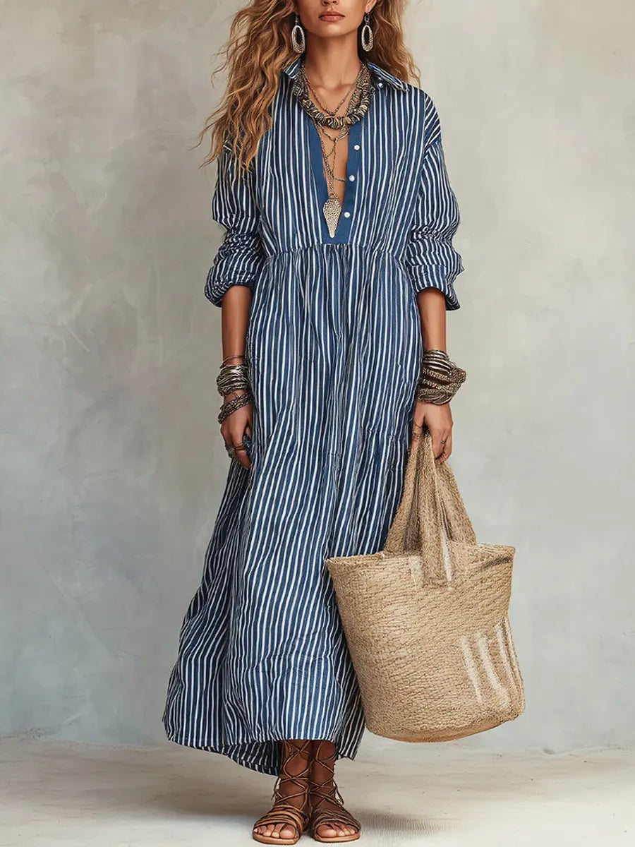 Women's Striped Button Up Linen Shirt Maxi Dress