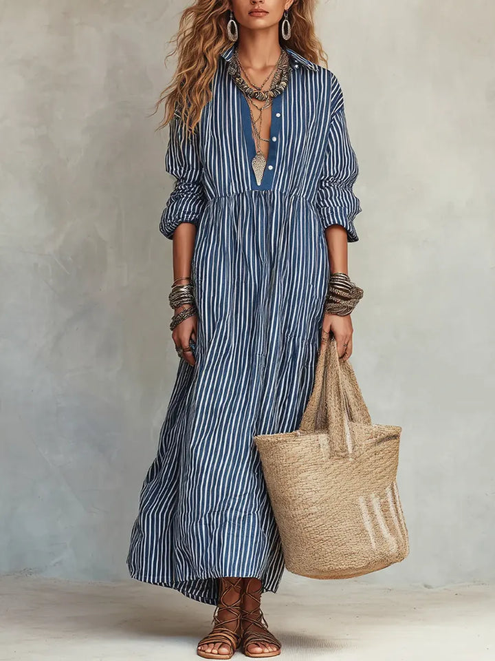 Women's Striped Button Up Linen Shirt Maxi Dress
