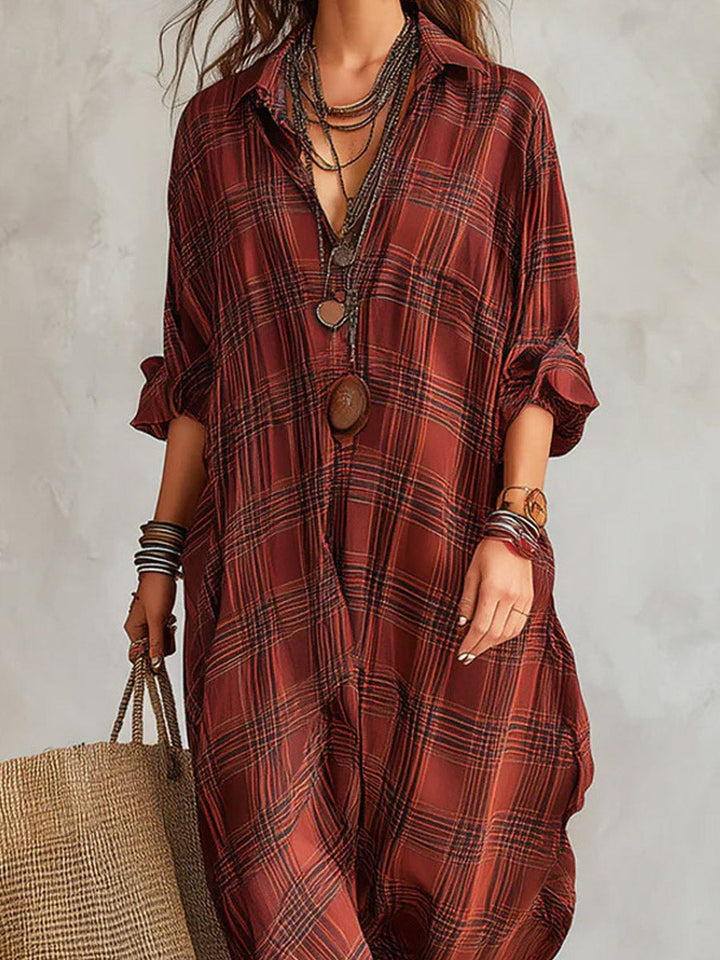 Women's Plaid Linen Shirt Dress Long Sleeve Maxi Kaftan
