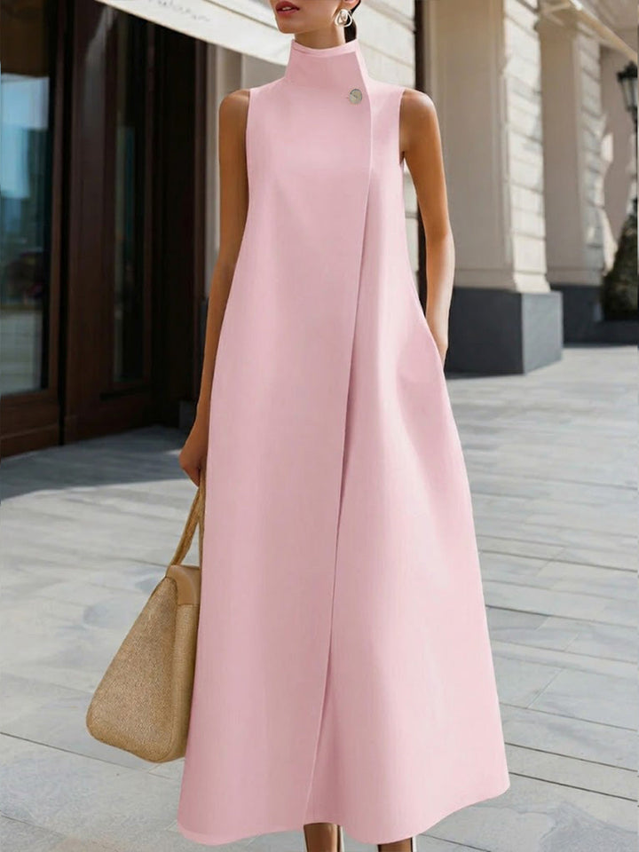 Women's High Neck Sleeveless Maxi Dress Linen Mix A-Line Evening Gown
