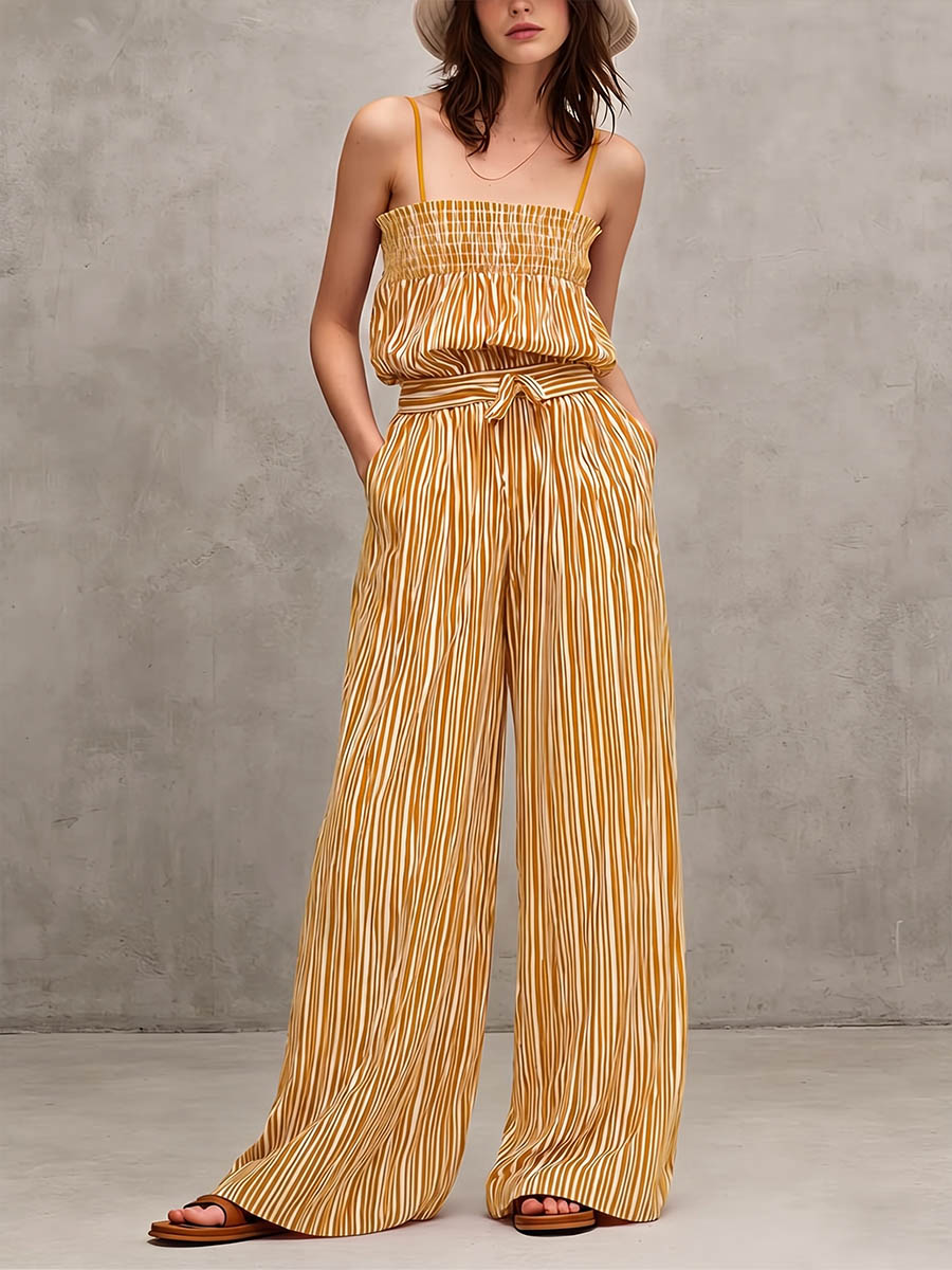 Women’s Striped Linen Wide Leg Jumpsuit Sleeveless Romper