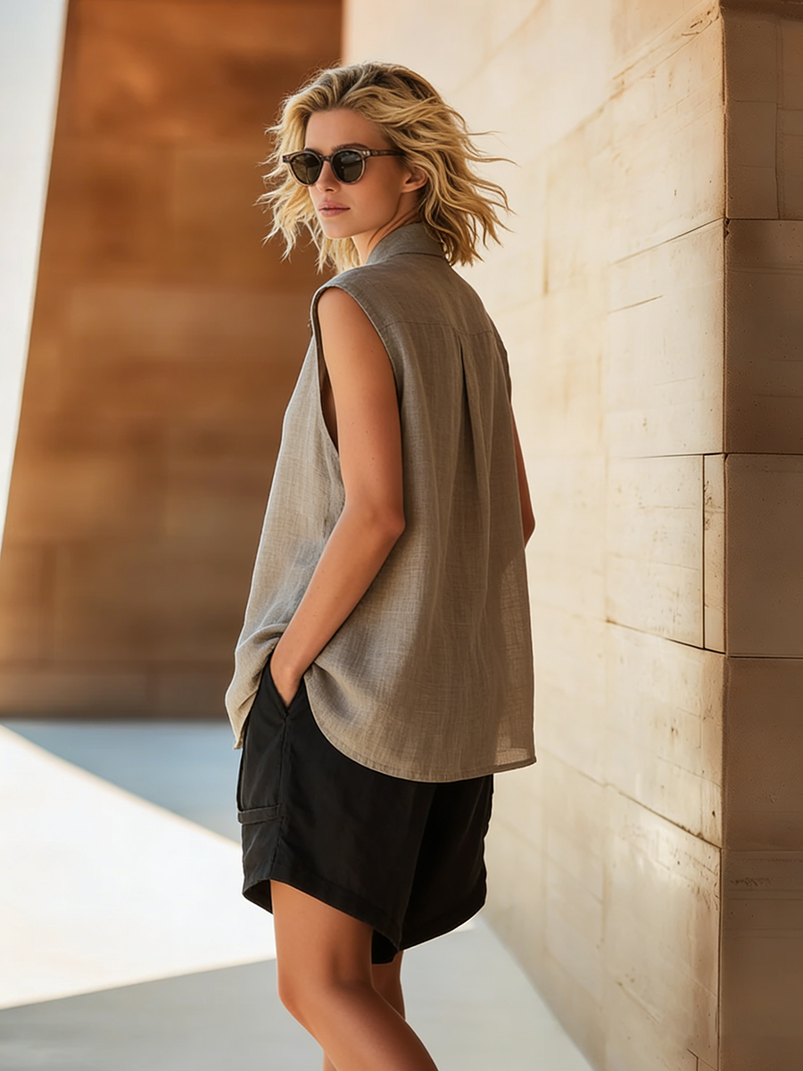 Women's Sleeveless Linen Shorts Set Casual Two Piece Outfit