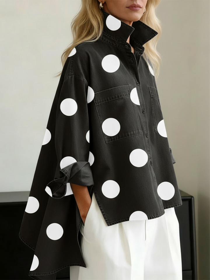 Women's Polka Dot Denim Shirt Oversized Button Up Blouse Long Sleeve Top