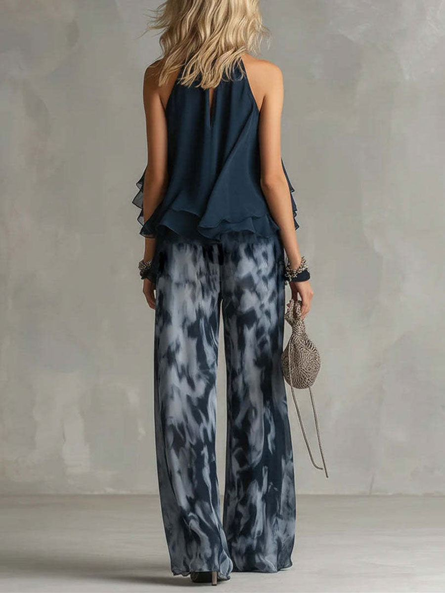 Women's Halter Neck and Wide Leg Linen Two-Piece Set
