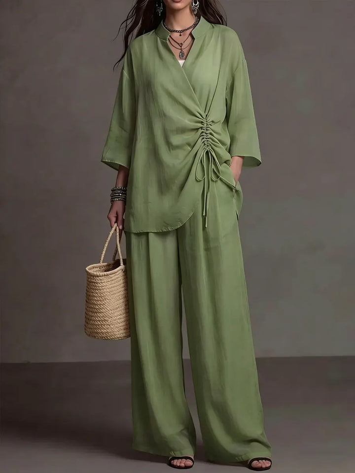 Women's Linen Two Piece Set V-Neck Tunic and Wide Leg Trousers Co-ord