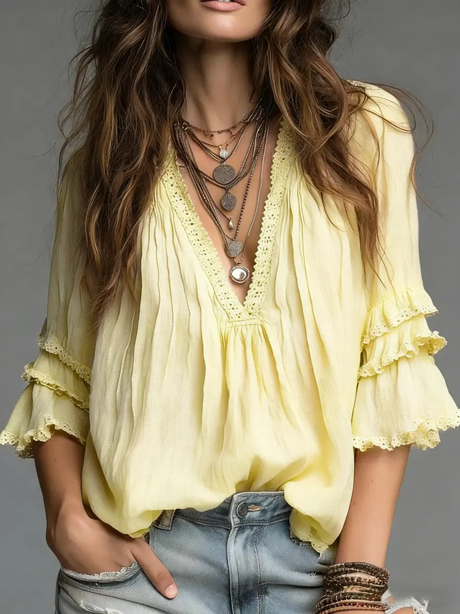 Women's Linen V-Neck Ruffle Tiered 3/4 Sleeve Blouse Top