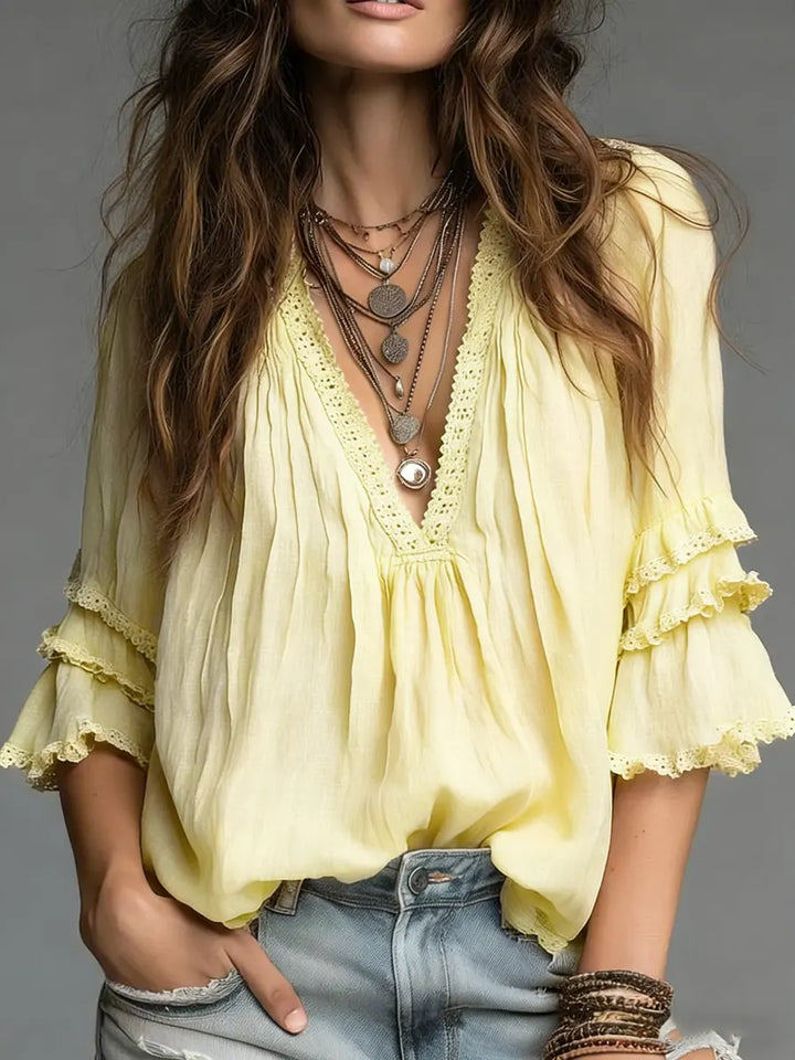Women's Linen V-Neck Ruffle Tiered 3/4 Sleeve Blouse Top