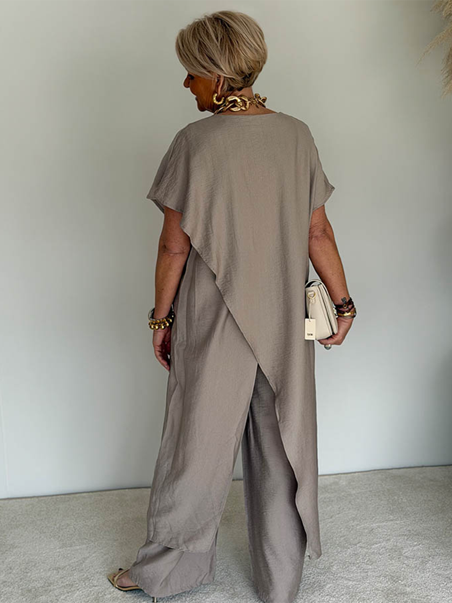 Women’s Linen Wide Leg Jumpsuit Overlay Trousers Set