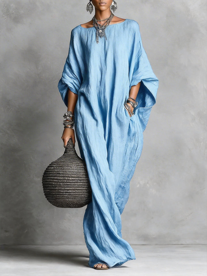 Women's Linen Maxi Kaftan Dress Bohemian Oversized Batwing Sleeve Long Gown
