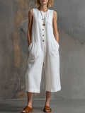 Women's Linen Sleeveless Jumpsuit Round Neck Casual Wide Leg Overalls