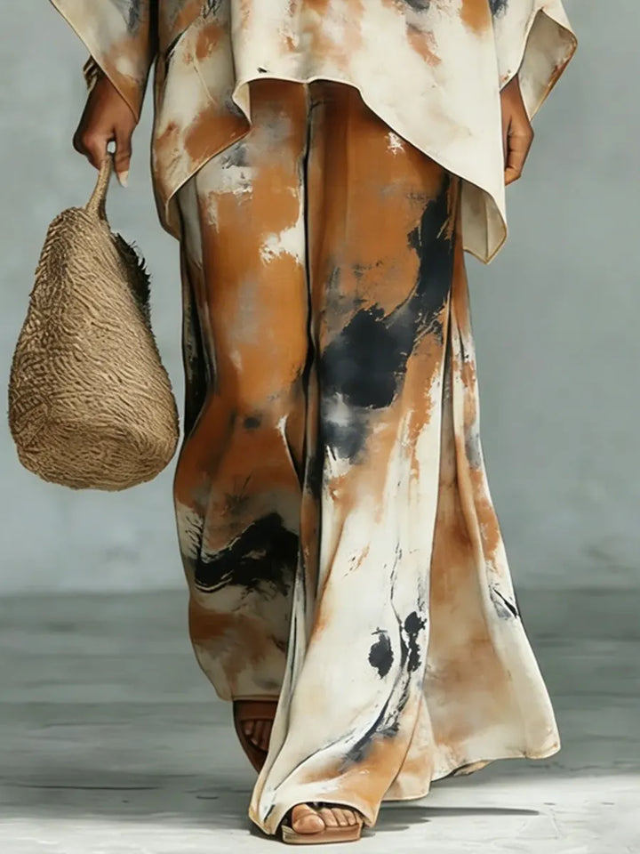 Women's Linen Two Piece Set Tie Dye Wide Leg Trousers and Oversized Top