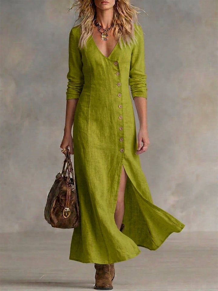 Women's Linen Blend V-Neck Split Hem Maxi Dress