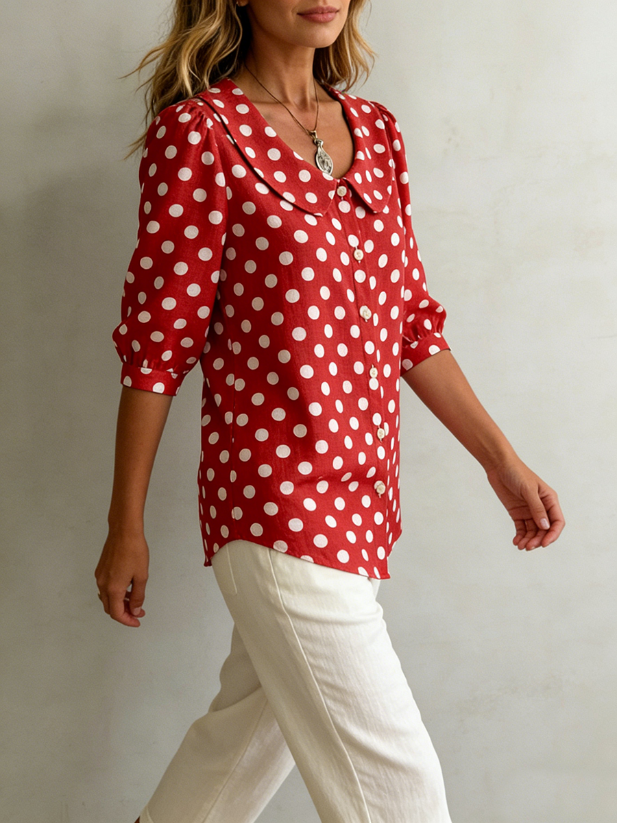 Women's Polka Dot Peter Pan Collar Chiffon Blouse