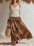 Women's Linen Cold Shoulder Long Sleeve Top and Tie Dye Maxi Skirt Two Piece Set