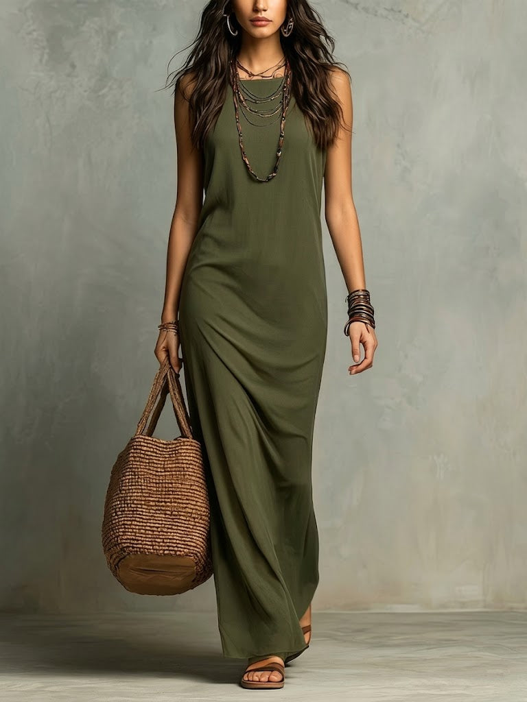 Women's Sleeveless Linen Dress and Chiffon Top Two-Piece Set