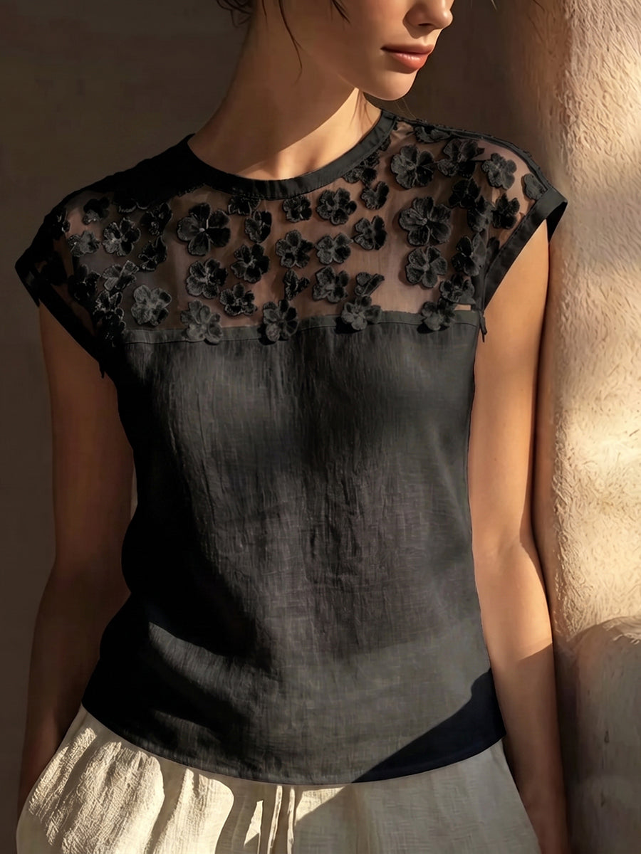 Women's Linen Blouse Flower Mesh Patchwork Short Sleeve Top