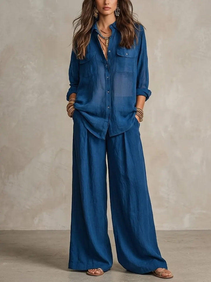 Women's Two-Piece Set Linen Polo Shirt & Wide-Leg Pants