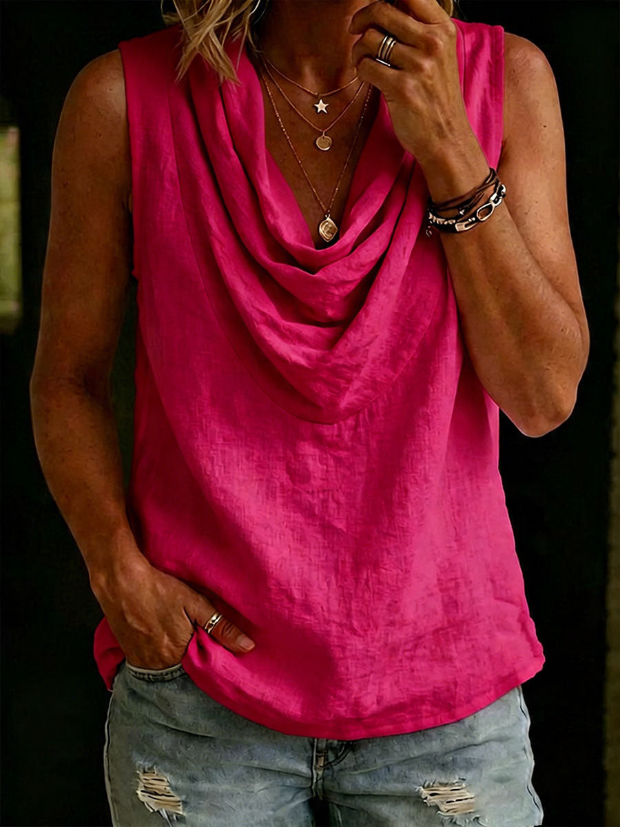 Women's Linen Cowl Neck Sleeveless Top Blouse Vest