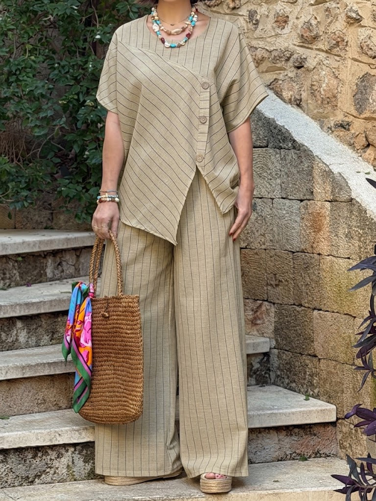 Women's Linen Two Piece Set Wide Leg Trousers and V-Neck Tunic Top