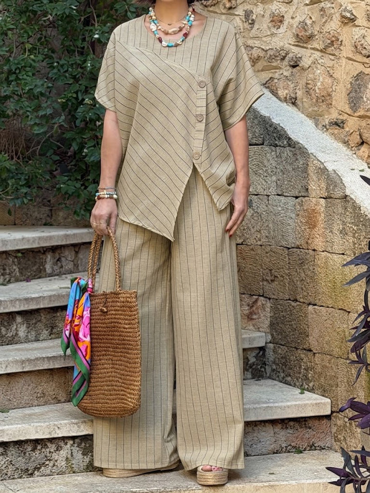 Women's Linen Two Piece Set Wide Leg Trousers and V-Neck Tunic Top