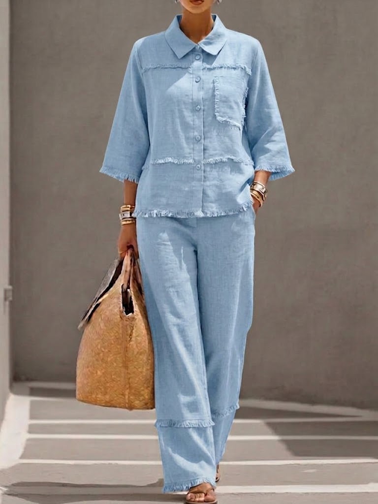 Women's Two Piece Linen Set Wide Leg Trousers and Button Down Shirt