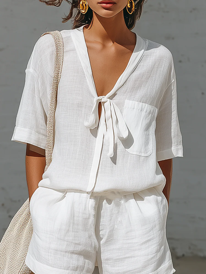 Women's Linen Two Piece Shorts Set Beach Outfit Lounge Set