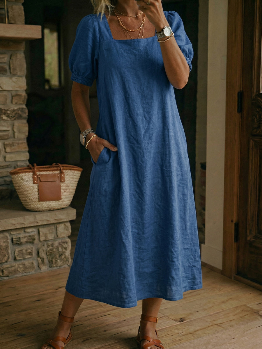 Linen Square Neck Puff Sleeve Midi Dress for Women