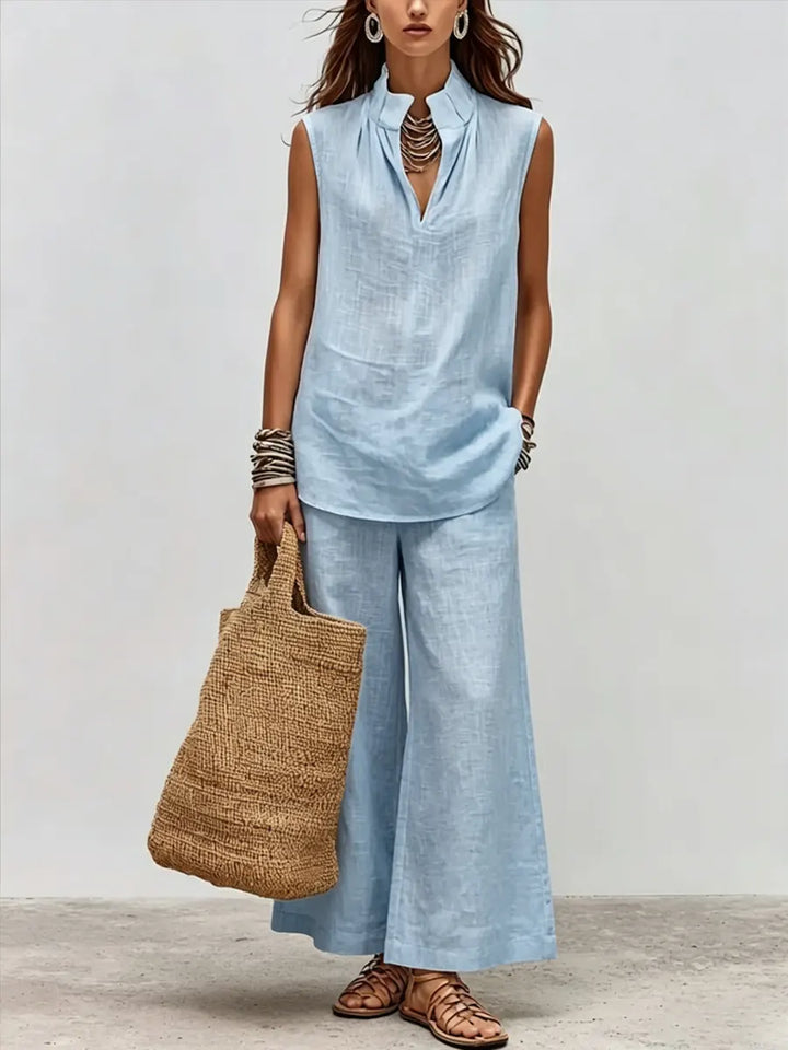 Women's Linen Sleeveless V-Neck Top & Wide Leg Pants Two Piece Set