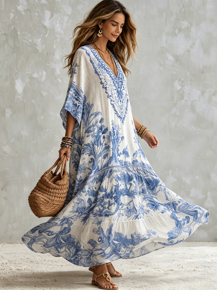 Women's Printed Linen Boho Long Kaftan Maxi Dress
