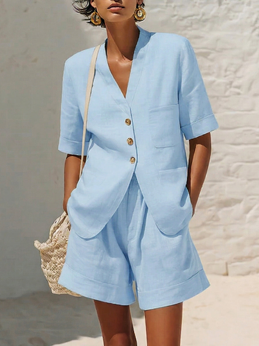 Women's Linen V-Neck Button Blazer and Shorts Two-Piece Set